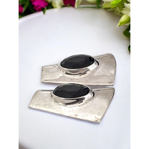 Vintage Earrings Silver Tone Huge Geometric Design Dark Red Crystal Clip On  5F - Picture 2 of 4